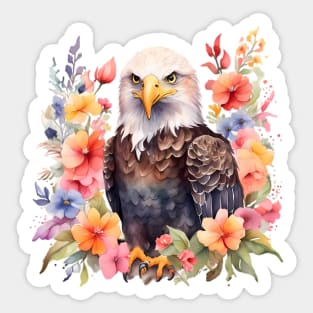 A bald eagle decorated with beautiful watercolor flowers Sticker